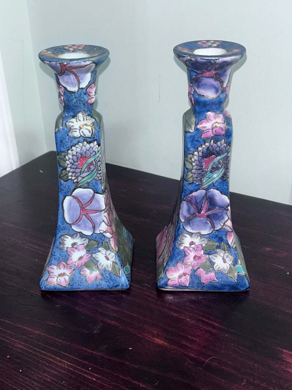 Vintage WBI Blue and Pink Floral Chinoiserie Porcelain Candlestick Holders